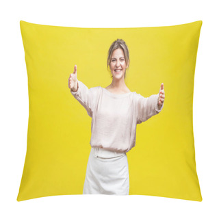 Personality  Friendly Beautiful Woman With Fair Hair In Casual Beige Blouse Standing With Stretching Hands And Looking At Camera On Yellow Background Pillow Covers