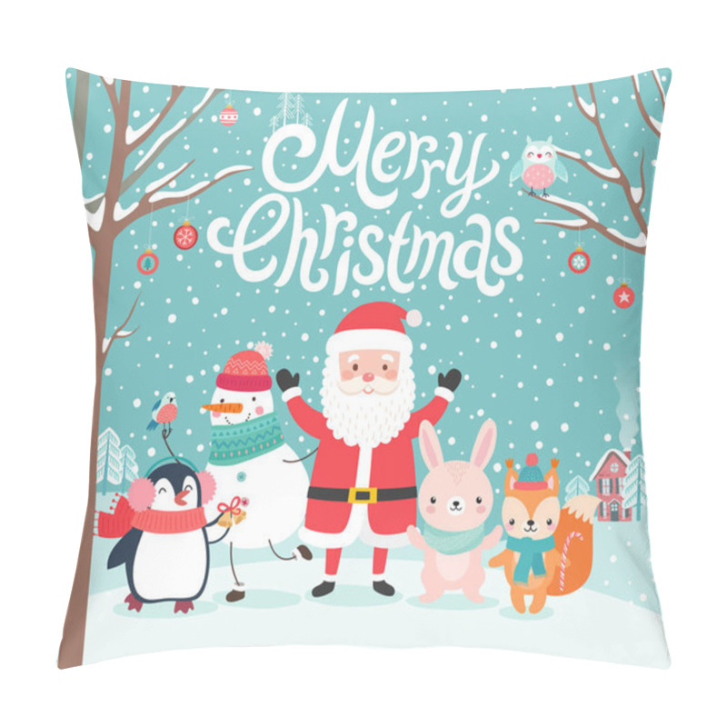 Personality  Cute characters hugging - Santa Claus, squirrel, rabbit, penguin and snowman. Merry Christmas card. Vector illustration. pillow covers