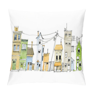 Personality  Watercolor Illustration Of A Rural Street View, Hand Drawn Plain Houses. Pillow Covers