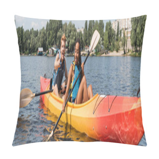 Personality  Overjoyed Redhead Man Pointing With Finger Near African American Woman In Life Vest Holding Paddle While Sailing In Kayak Along Green Riverside In Summer, Banner Pillow Covers