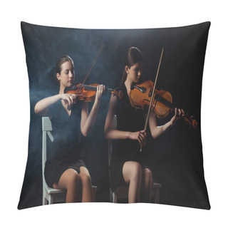Personality  Attractive Musicians Playing On Violins On Dark Stage With Smoke Pillow Covers