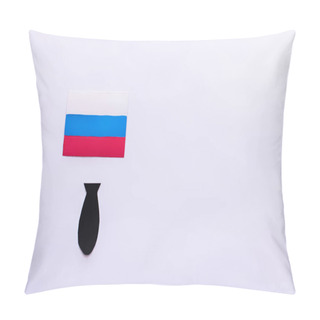 Personality  Top View Of Russian Flag And Paper Bomb On White Background With Copy Space, War In Ukraine Concept  Pillow Covers