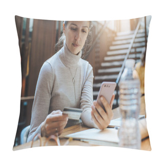 Personality  Stylish Woman Using Debit Card For Buying New Clothing In Online Store Pillow Covers