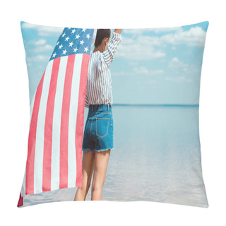 Personality  Rear View Of Young Woman Holding American Flag In Front Of Sea, Independence Day Concept Pillow Covers