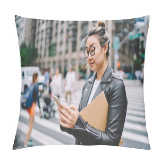 Personality  Young Attractive Female Blogger In Glasses For Eye Protection Sharing News With Followers Via Smartphone Application.Gorgeous Hipster Girl Strolling At Urban Setting With Gadget During Leisure Time Pillow Covers