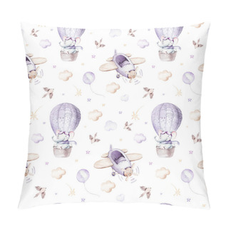 Personality  Watercolor Purple Illustration Of A Cute And Fancy Sky Scene Complete With Airplanes And Balloons, Clouds. Baby Boy And Girl Pattern. Baby Shower, Nursery Design. Pillow Covers