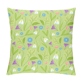 Personality  Spring Pattern Vector Seamless. Fresh Green Pattern With Spring Flowers - Snowdrop, Crocus, Tulip, Mimosa And Daisy. Pillow Covers
