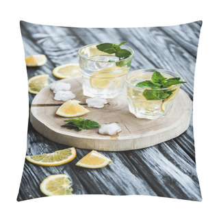 Personality  Cold Fresh Summer Cocktail With Mint And Ice Cubes In Glasses On Wooden Table Pillow Covers