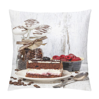 Personality  Chocolate And Cherry Cake On White Plate. Cake Pops In Glass Jar Pillow Covers