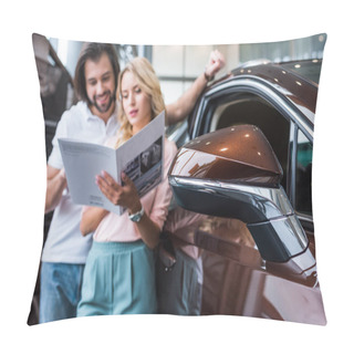 Personality  Selective Focus Of Couple With Catalog Choosing Car At Dealership Salon Pillow Covers