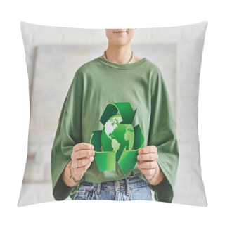 Personality  Eco-conscious Lifestyle, Partial View Of Smiling Tattooed Woman In Casual Clothes Holding Green Recycling Symbol Around Globe At Home, Sustainable Living And Environmental Awareness Concept Pillow Covers
