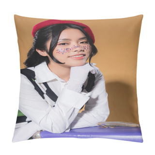 Personality  Portrait Of Smiling Asian Woman In Gloves And Beret Standing Near Suitcase On Orange Background Pillow Covers