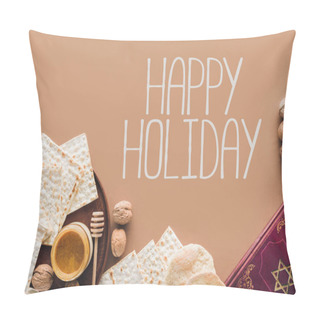 Personality  Top View Of Traditional Book With Text In Hebrew And Happy Holiday Greeting Pillow Covers