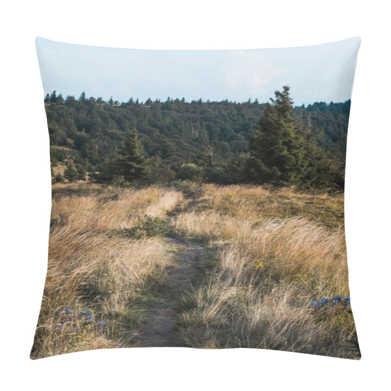 Personality  green firs near yellow lawn with barley and wildflowers on hill  pillow covers