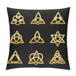 Personality  Celtic Triangle Knots. Nine Golden Symbols Used For Decoration Or Golden Pendants. Varieties Of Endless Basket Weave Knots. Vector Illustration On Black Background. Pillow Covers