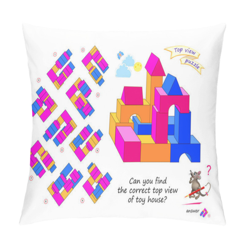 Personality  Logic puzzle game for children and adults. Can you find the correct top view of toy house? 3D maze. Page for brain teaser book. Developing spatial thinking. IQ test. Play online. Vector cartoon image. pillow covers