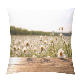 Personality  Empty Wooden Table In Blooming Chamomile Field Pillow Covers