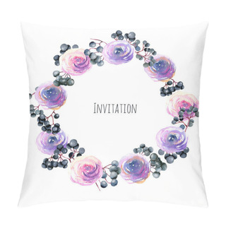 Personality  Wreath, Frame Border With Watercolor Pink, Purple Roses And Elderberry Branches, Hand Painted On A White Background, Greeting Card Template, Decoration Postcard, Wedding Invitation Pillow Covers