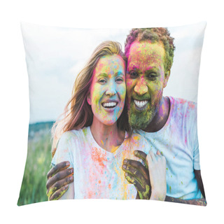 Personality  Happy African American Man Hugging Cheerful Young Woman With Holi Paints On Face  Pillow Covers