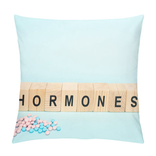 Personality  Pills And Wooden Cubes With Hormones Lettering On Blue Surface Pillow Covers