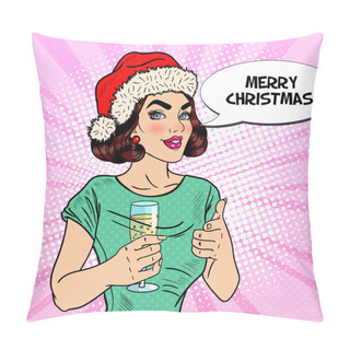 Personality  Pop Art Beautiful Woman In Santa Hat With Glass Of Champagne On Christmas Eve. Vector Illustration Pillow Covers