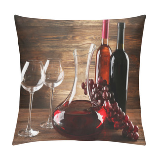 Personality  Glass Carafe Of Wine On Wooden Background Pillow Covers