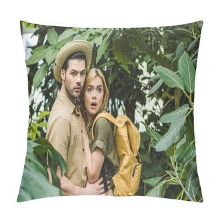 Personality  Scared Young Couple In Safari Suits In Jungle Pillow Covers