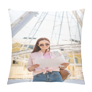 Personality  Attractive Tourist In Sunglasses Standing Looking At Map Near Observation Wheel Pillow Covers