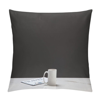 Personality  White Cup And Travel Newspaper On Black Background Pillow Covers