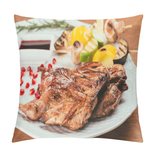 Personality  Close-up View Of Grilled Vegetables On Plate With Fried Chicken On Wooden Table Pillow Covers