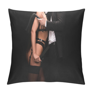 Personality  Partial View Of Bdsm Couple With Flogging Whip Isolated On Black Pillow Covers