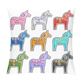 Personality  Vector Set Of Swedish Wooden Horses, Traditional Symbol Of Sweden - Dalecarlian Horse Or Dala Horse, Collection Of 9 Cut Out Swedish Kids Toys On White Background. Pillow Covers