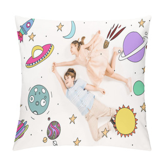 Personality  Top View Of Cheerful Kids Gesturing While Flying In Space  Pillow Covers