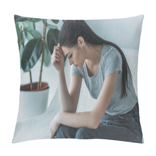 Personality  Frustrated Young Woman In Depression Sitting On Couch And Looking Down Pillow Covers