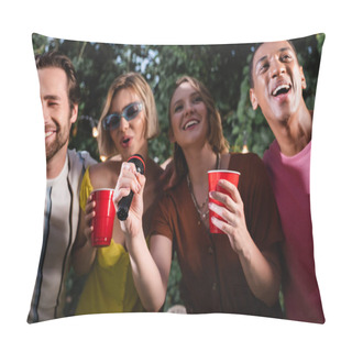 Personality  Cheerful Multiethnic Friends With Plastic Cups Singing Karaoke Outdoors  Pillow Covers