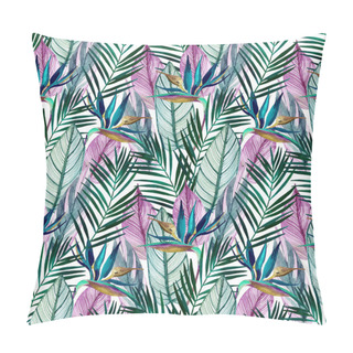 Personality  Watercolor Tropical Seamless Pattern With Bird-of-paradise Flower, Palm Leaves. Exotic Flowers, Leaves On Light Background. Hand Painted Natural Illustration Pillow Covers