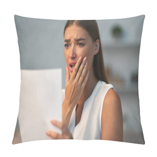 Personality  Desperate Woman Reading Tax Notification Covering Mouth With Hand Indoor Pillow Covers