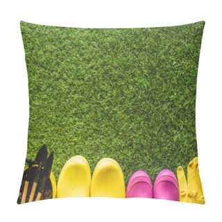 Personality  Top View Of Rubber Boots, Protective Gloves And Flower Pot With Gardening Tools  Pillow Covers