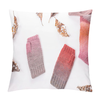 Personality  Woolen Knitted Shawl And Gray And Pink Woolen Mitts On A White Background. Pillow Covers