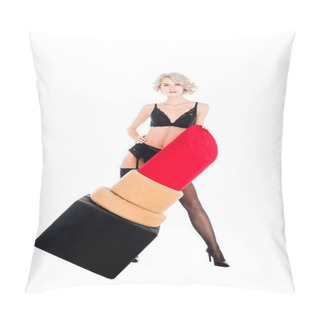 Personality  Wonderful Woman In Lingerie Holding Big Red Lipstick Isolated On White Pillow Covers