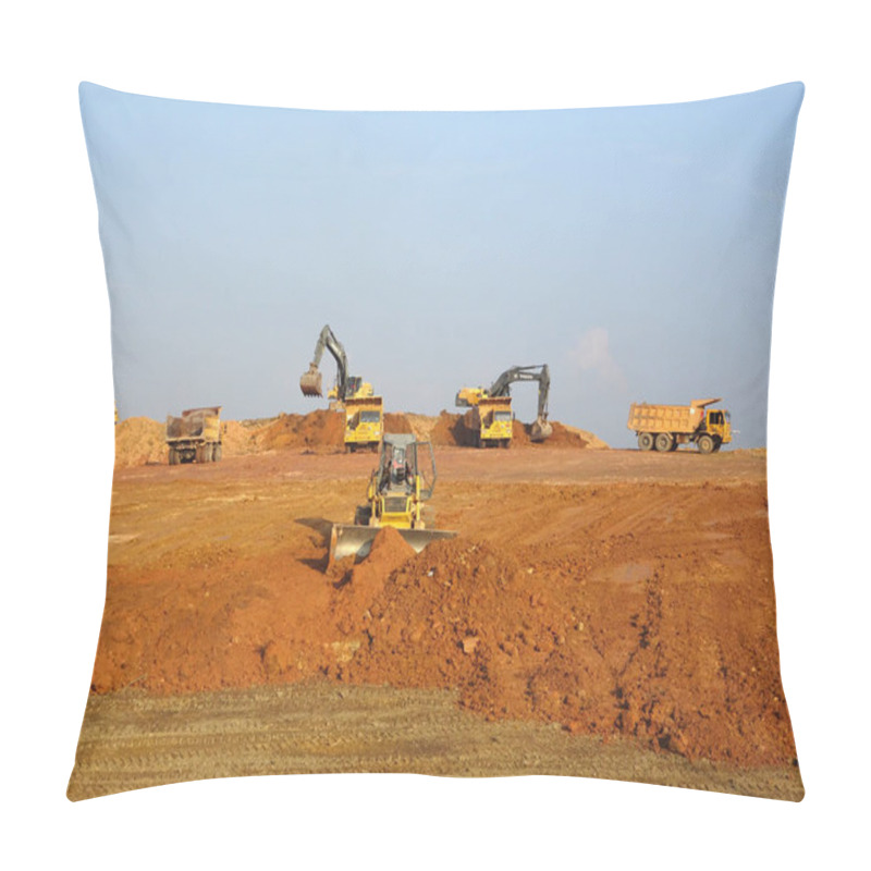 Personality  KUALA LUMPUR, MALAYSIA -JULY 07, 2017: Heavy Machinery Doing Earthwork At The Construction Site. Works Carried Out Before Building Construction Starts To Get Required Levels.  Pillow Covers