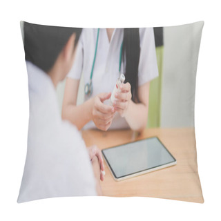Personality  Young Female Doctor Explaining Medical Description To Her Patient  Pillow Covers