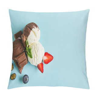 Personality  Top View Of Tasty Brown And White Ice Cream With Berries, Chocolate And Mint On Blue Background Pillow Covers