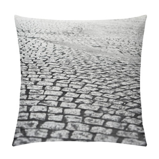 Personality  Historic Stone Cobbles In The Antique City Center On Business Office Building Background. Paving Pedestrian Walkway. Pillow Covers