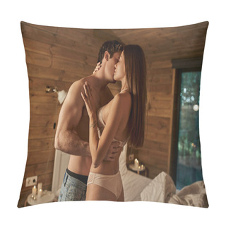 Personality  Lovers Hugging In Bedroom, Vacation House, Sexy Woman With Tattoo And Man, Couple In Love, Intimacy Pillow Covers