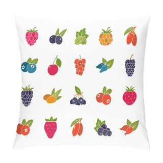 Personality  Berries With Leaves, Color Silhouette Icons Set. Simple Vector Contour Of Blueberry, Blackberry, Cranberry, Lingonberry, Currant, Gooseberry, Goji. Hand Drawn Isolated Collection On White Background Pillow Covers