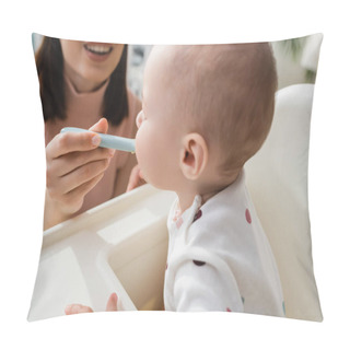 Personality  Blurred Woman Smiling While Feeding Little Kid At Home Pillow Covers