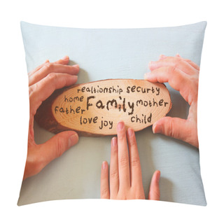 Personality  Father And Child Holding Sign With The Word Family. Pillow Covers