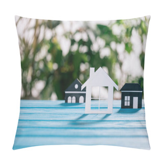Personality  Selective Focus Of Paper Houses On Wooden Desk, Mortgage Concept Pillow Covers