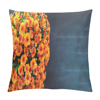 Personality  Large Potted Orange Chrysanthemums Over A Black Background With Room For Text. Image Shot From Top View.  Pillow Covers